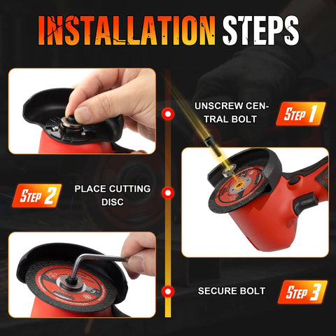 Installation steps for Power Through Demanding Jobs With This Heavy Duty 3 Inch Cordless Angle Grinder with cutting disc.