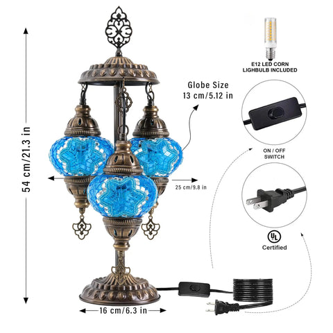 Turkish Mosaic Table Lamp With Built In LED Bulb Three Globe Sea Blue Handmade Moroccan Style Decor Tall 21.3 Inch Glass Mosaic