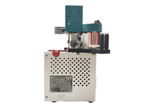 Side view of Pro Grade Woodworking Edge Bander Banding Machine with adjustable temperature and speed settings, durable metal body.