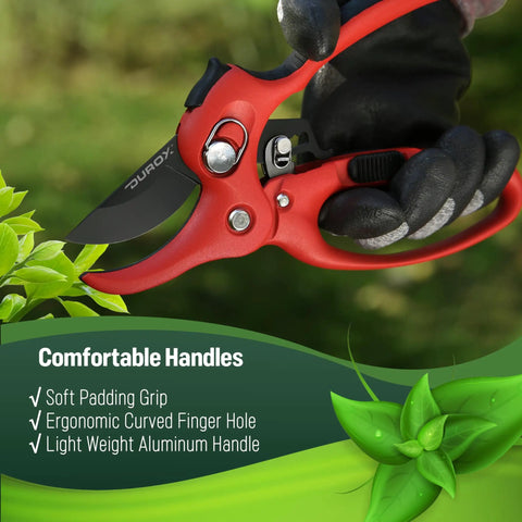 Close-up of Ratchet Pruning Shears With 3X Cutting Power Heavy Duty Anvil Pruners, focus on ergonomic grip and replaceable blade.