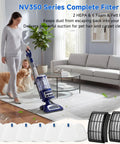 Woman vacuuming living room with Two Pack HEPA Filters Plus Six Foam And Felt Replacement Filters For Shark Navigator NV350 vacuum