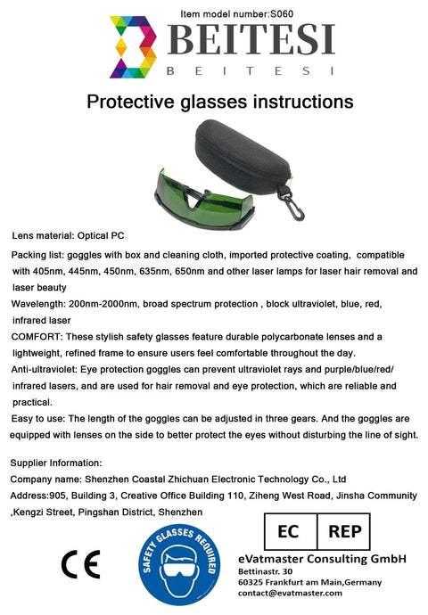 Broad Spectrum Laser Safety Glasses With Uv And Infrared Blocking Coating For Home Hair Removal Wands 200Nm To 2000Nm Range lying next to a protective case and instructions.