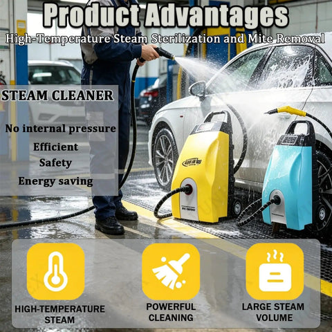 Professional Commercial Steam Cleaner, 3000W High Pressure Steam Washer With Safety Lock and Six Accessories in action cleaning a car.