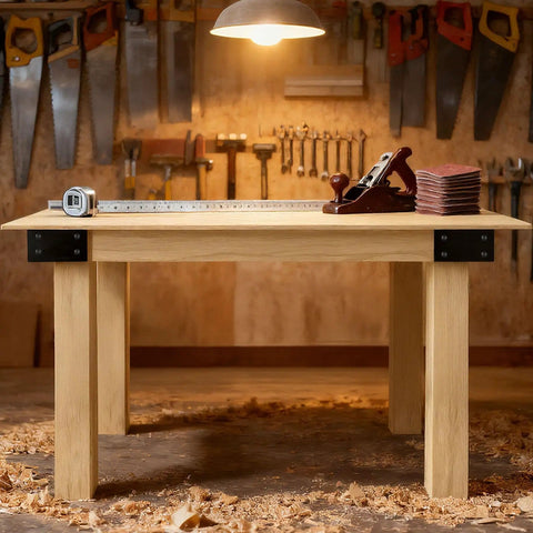 Heavy Duty Workbench Bracket Kit For 2x4 And 4x4 Lumber, Four Pack Leg Frame Braces With Pre Drilled Holes in workshop setting