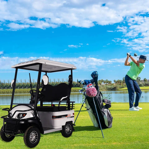 Electric Golf Cart For Two Serving Up A Sweet 800W Ride Motor With Spacious Cargo Bin on the golf course with player.