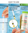 Solid 8 In 1 Aquarium Test Kit For Freshwater And Saltwater features test strips in hand, measuring water parameters for fish tanks.