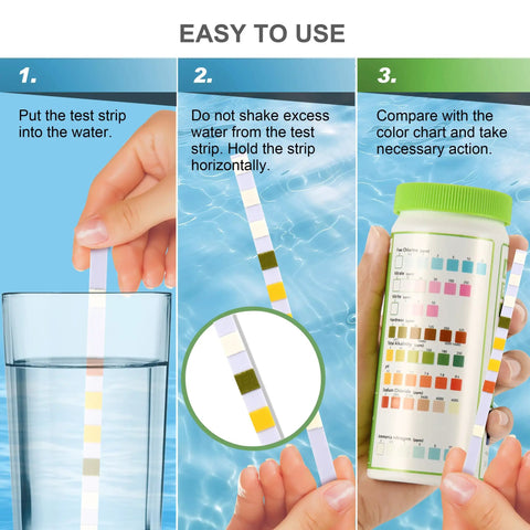 Solid 8 In 1 Aquarium Test Kit For Freshwater And Saltwater features test strips in hand, measuring water parameters for fish tanks.