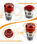 Rock Solid 19mm Stainless Steel Emergency Stop Push Button Switch With Socket 1NO 1NC Contacts 12V To 250V 0.74 Inch Mounting Hole shown from two angles with reset instructions.