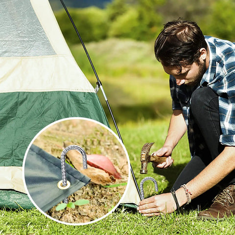 Heavy Duty 12 Inch Galvanized J Hook Ground Anchors Set used for securing a tent in outdoor setup