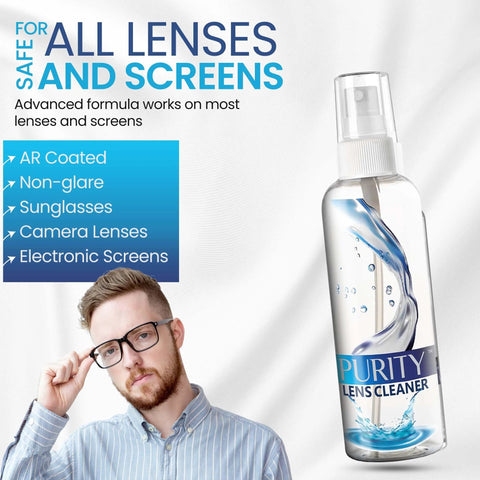 Front view of Purity Eyeglass Lens Cleaner spray bottle; clear plastic bottle with blue label and liquid.