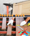 Wooden deck installation with measuring tape and colorful plastic shims, including 300 Piece Plastic Flat Shims For Leveling Tile And Surfaces.