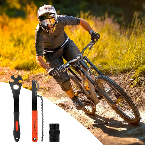 Cyclist on trail with Bike Cassette Removal Tool With Chain Whip And 2 In 1 Freewheel Remover Pedal Wrench Kit shown in corner