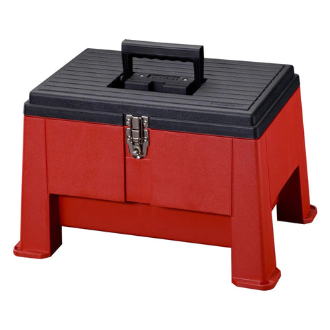 Red 20 Inch Heavy Duty Step Stool Tool Box Built Tough With Lockable Nickel Plated Draw Bolt Latch, Steel Hinge Pins, USA