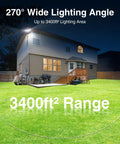 No Cap 150W LED Flood Lights Outdoor With 3 Adjustable Heads, IP65 Waterproof Design, showcasing 270° lighting angle for 3400ft² area.