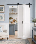 H Shape Bifold Barn Door 36 By 84 Inches equipped with heavy duty track kit, opening to kitchen entryway, white panels.