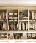 Built Different 12 Foot Modular Closet System With 8 Hanging Rods, Heavy Duty 4 Piece Wood Wardrobe Organizer With 2800 Lbs Capacity, White Oak Finish wall storage with adjustable shelves.