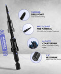 Heavy Lifting Countersink Drill Bit Set, Knockout 22 Pc Pro Grade Woodworking Kit with tapered drill point and 1/4" hex shank.