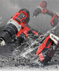 Compact 20V Cordless Drill And Impact Driver Combo Kit Featuring Brushless Motors with red and black design on rocky background.