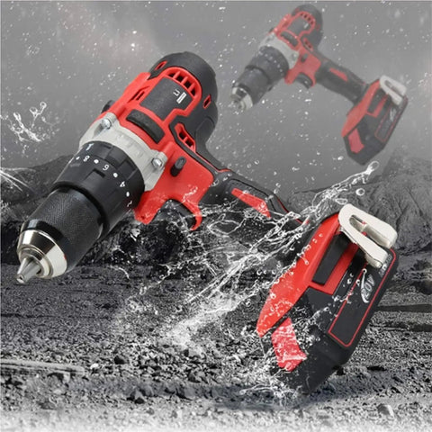 Compact 20V Cordless Drill And Impact Driver Combo Kit Featuring Brushless Motors with red and black design on rocky background.