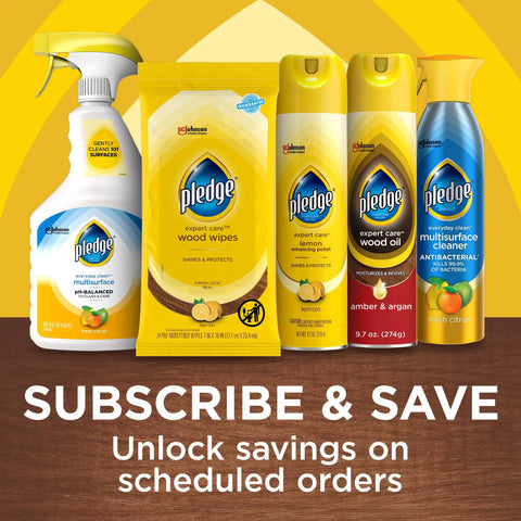 Collection of Pledge cleaning products including Expert Care Lemon Scent Wood Wipes For Polishing And Protecting Wood Furniture