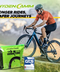 Cyclist riding with Two Pack 26 Inch Bicycle Tubes with 32mm Schrader Valve fits 26x1.75–2.125, packaging shown