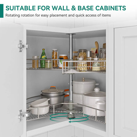 Heavy Duty Steel Corner Organizer With Killer Swivel Action Lazy Susan Turntable And Chrome Pie Cut Design For Kitchen Cabinet Storage, pantry filled.