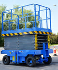 Electric Mini Scissor Lift Table With Adjustable Height For Warehouse And Indoor Work No Sweat Operation Compact Portable Design Heavy Duty Platform Power Boost For Smooth Lifting Tasks Bad Ass Performance, side view with raised platform.