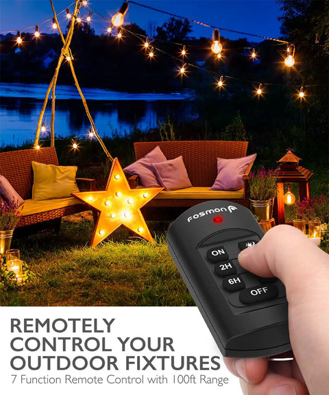 Rock Solid Waterproof Dusk To Dawn Plug In Outdoor Light Timer With Wireless Remote controlling lights with 100 ft range remote.