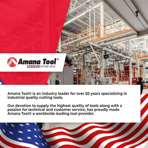 Amana Tool industrial cutting tools promo with factory background and American flag.