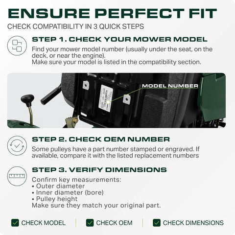 Image showing steps to ensure compatibility for Heavy Duty Idler Pulley Replacement For John Deere GY20629 GY20110 Tractor Parts.