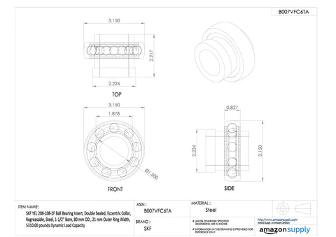 Heavy Duty Ball Bearing Insert With Eccentric Locking Collar And Double Nbr Seals Brings One And Half Inch Bore dimension drawing
