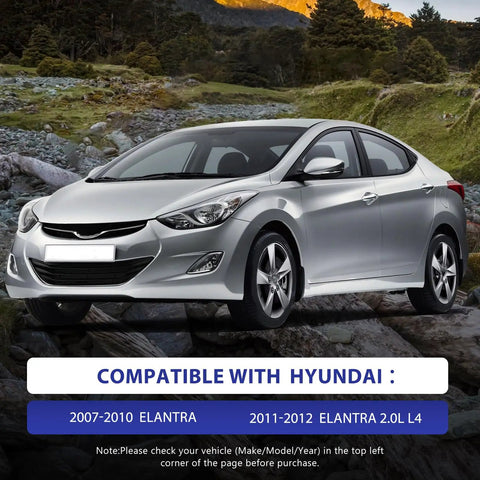 Front Suspension Control Arms Set for 2007-2012 Hyundai Elantra Heavy Duty Pair, silver sedan against a natural landscape.