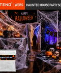 1200 Square Foot White Stretchable Halloween Spider Webs With Forty Fake Spiders For Haunted House Yard Porch Indoors And Parties That Serve Kickass Spooky Vibes, decorated party scene.