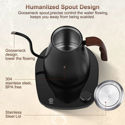 Top view of black Gooseneck Electric Kettle With Smart Temperature Control, 0.9L Stainless Steel Interior, 1000W Fast Heat