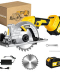 Kickass 5 Inch 21V Cordless Circular Saw Built To Tackle Framing And Precision Miter Cuts With Smooth One Hand Angle Adjustments Cuts Like Butter Includes Fully Loaded Battery And Sharp Tooth Blade In Bold Yellow, showing saw, box, battery, and blade.
