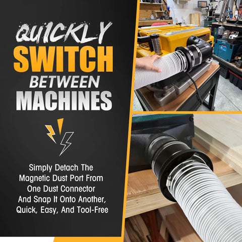 4 Inch Magnetic Dust Collection Starter Kit For Woodworking Includes 9.85 Ft PVC Hose connected to a machine, showing flexible tubing.