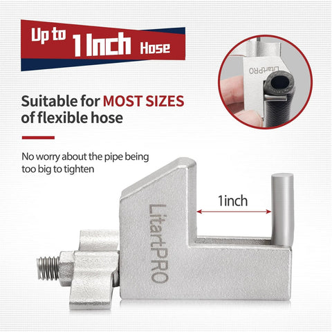 Front view of 304 Stainless Steel Hose Pincher Set Of 2, used for flexible hoses up to 1 inch, featuring butterfly type handle.