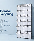 Over The Door Shoe Rack With 28 Spacious Pockets For Max Storage Capacity Breathable Mesh Hanging Shoe Organizer installation over a wall.