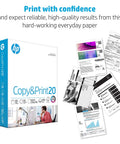Top Shelf Copy Paper 8.5 X 11 Inches Standard Size 20 Lb Weight 500 Sheet Case Bundle 92 Brightness Rating in HP packaging.