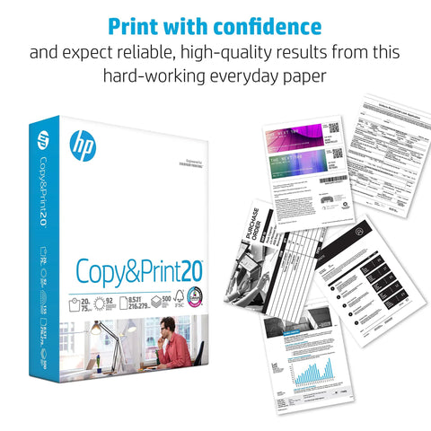 Top Shelf Copy Paper 8.5 X 11 Inches Standard Size 20 Lb Weight 500 Sheet Case Bundle 92 Brightness Rating in HP packaging.