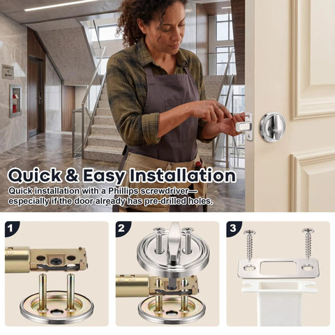 Keyless Deadbolt Lock With Double Plate And Satin Nickel Protecting Patios And Doors installation featuring a woman using a screwdriver.