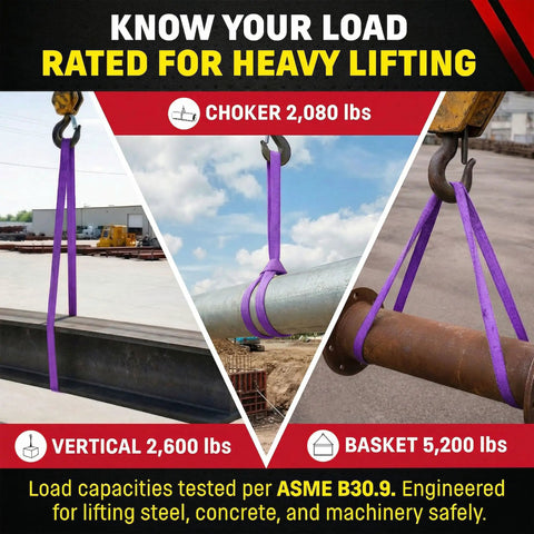 Rock Solid 6 Foot Purple Round Polyester Lifting Sling Rated At 2600 Lbs Vertical And 2080 Lbs Choker Capacity Built Damn Tough For Heavy Industrial Jobs Made Legit Stateside with usage examples.