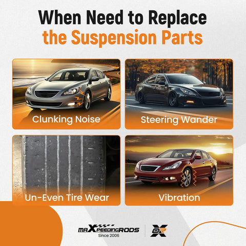 When Need to Replace the Suspension Parts image showing four signs: clunking noise, steering wander, un-even tire wear, and vibration.