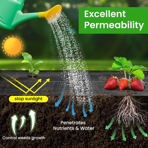 Illustration showing Tough As Nails Weed Barrier Fabric For Gardens And Driveways 3x300ft geotextile mat with water permeability.