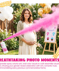Epic Gender Reveal Fire Extinguisher Kit Featuring Biodegradable Pink And Blue Cornstarch Powder For Massive Baby Shower Blowouts, pink powder blast in a garden.