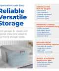 Rock Solid Stackable Plastic Storage Bins With Lids, Hella Spacious 98 Quart Hi Rise Containers For Home Garage And Closets, Snap Lock Grid Tops Shield Your Gear, Gray Four Pack with towels in a bright room.