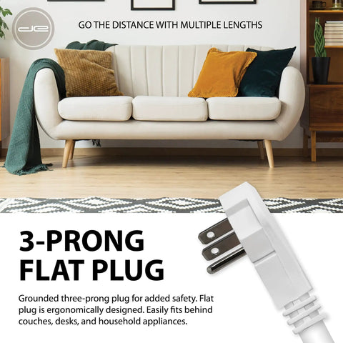 3-prong flat plug of 25 Foot USB C And USB A Surge Protector Power Strip With 8 Outlets 4200 Joules, shown in a living room setup