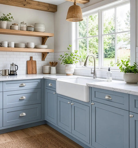 Top Shelf Brushed Nickel Cup Pulls 3 Inch Center To Center For Kitchen Cabinets And Bathroom Vanities Three Pack installed on blue cabinets.