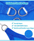 Close-up of stainless steel D-rings and material details on Blue 14 Ft Triangle Sun Shade Sail With UV Blocking Up To 95 Percent Breathable HDPE Canopy For Patio Garden Backyard And Deck Outdoor Shade That Keeps You Cool And Safe From The Sun.