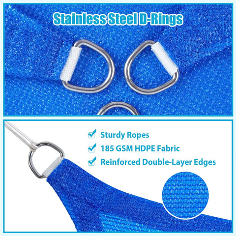 Close-up of stainless steel D-rings and material details on Blue 14 Ft Triangle Sun Shade Sail With UV Blocking Up To 95 Percent Breathable HDPE Canopy For Patio Garden Backyard And Deck Outdoor Shade That Keeps You Cool And Safe From The Sun.
